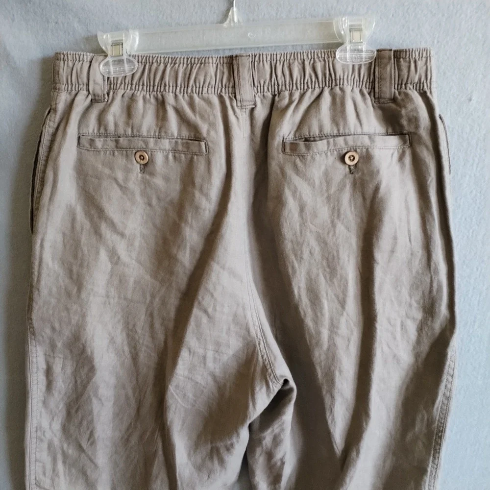 Caribbean Mens Linen Pants 36x32 (Fits 34x32) Tan Beige Elastic Waist Flat Front